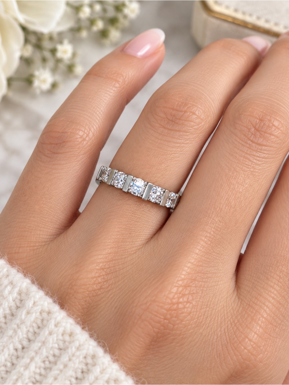 Andin 925 Sterling Silver Baguette Clear Stone Ring